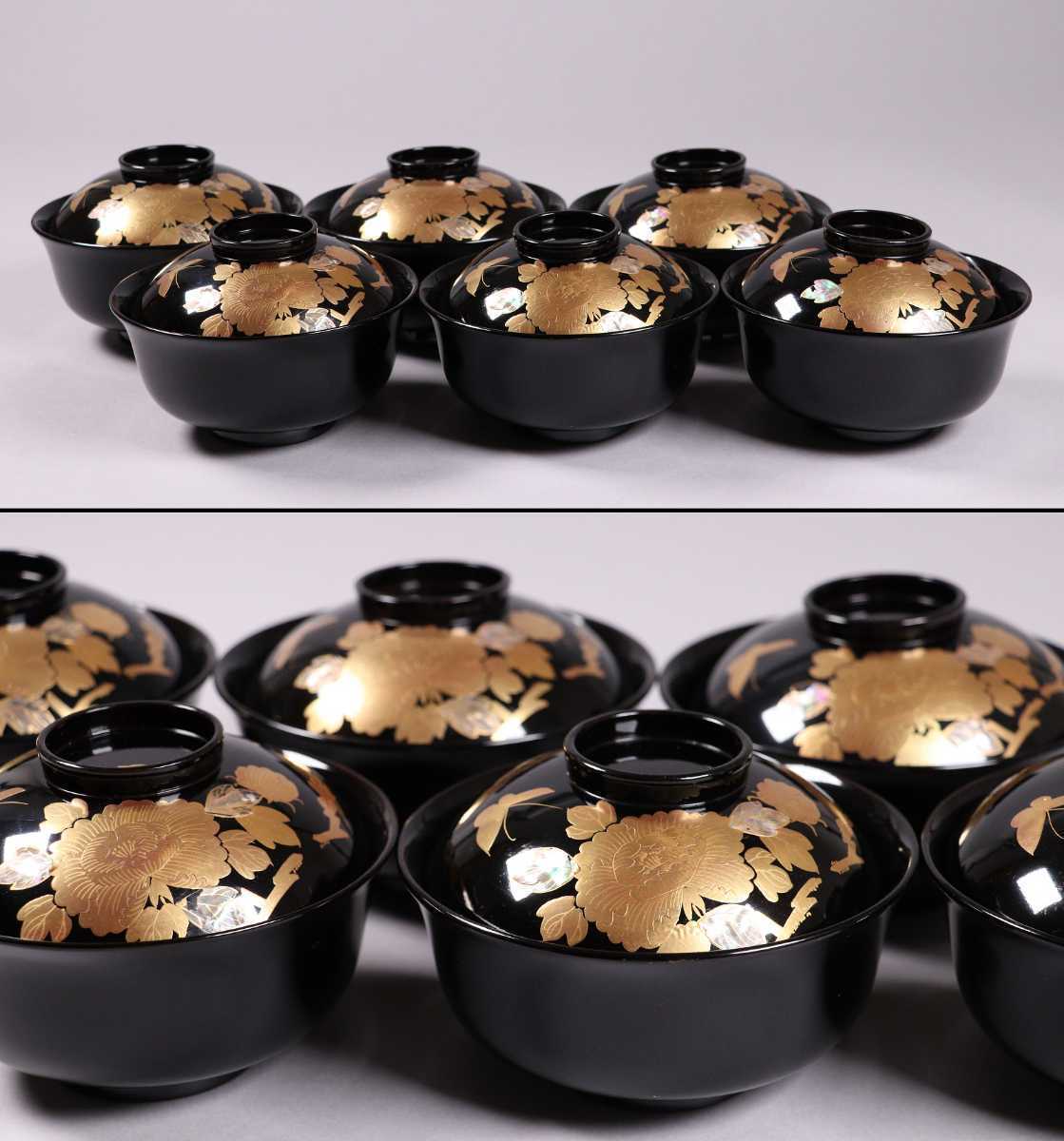 華61】輪島塗 螺鈿細工牡丹に蝶金蒔絵黒塗椀 六客 木製漆器 伝統工芸品