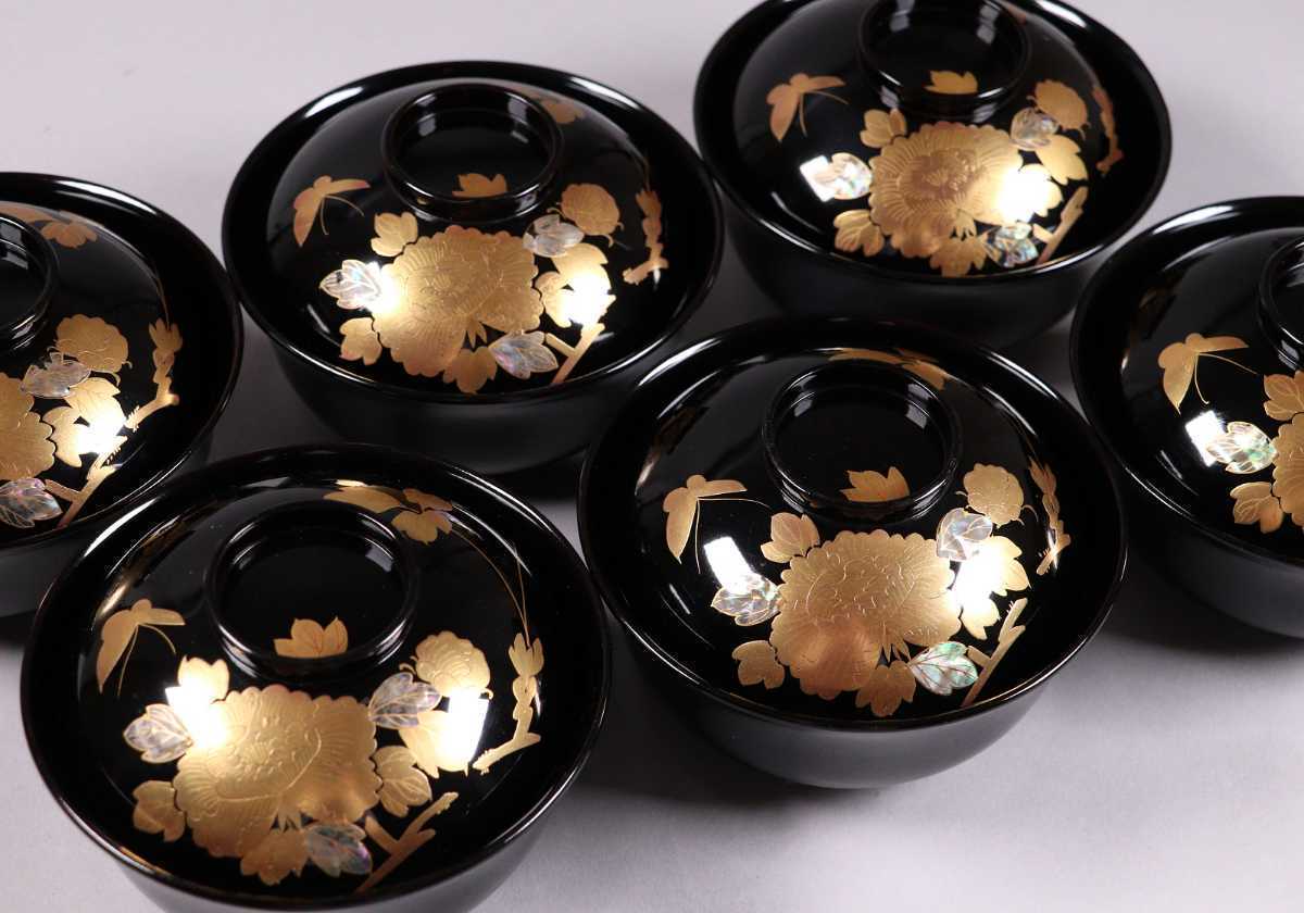 華61】輪島塗 螺鈿細工牡丹に蝶金蒔絵黒塗椀 六客 木製漆器 伝統工芸品