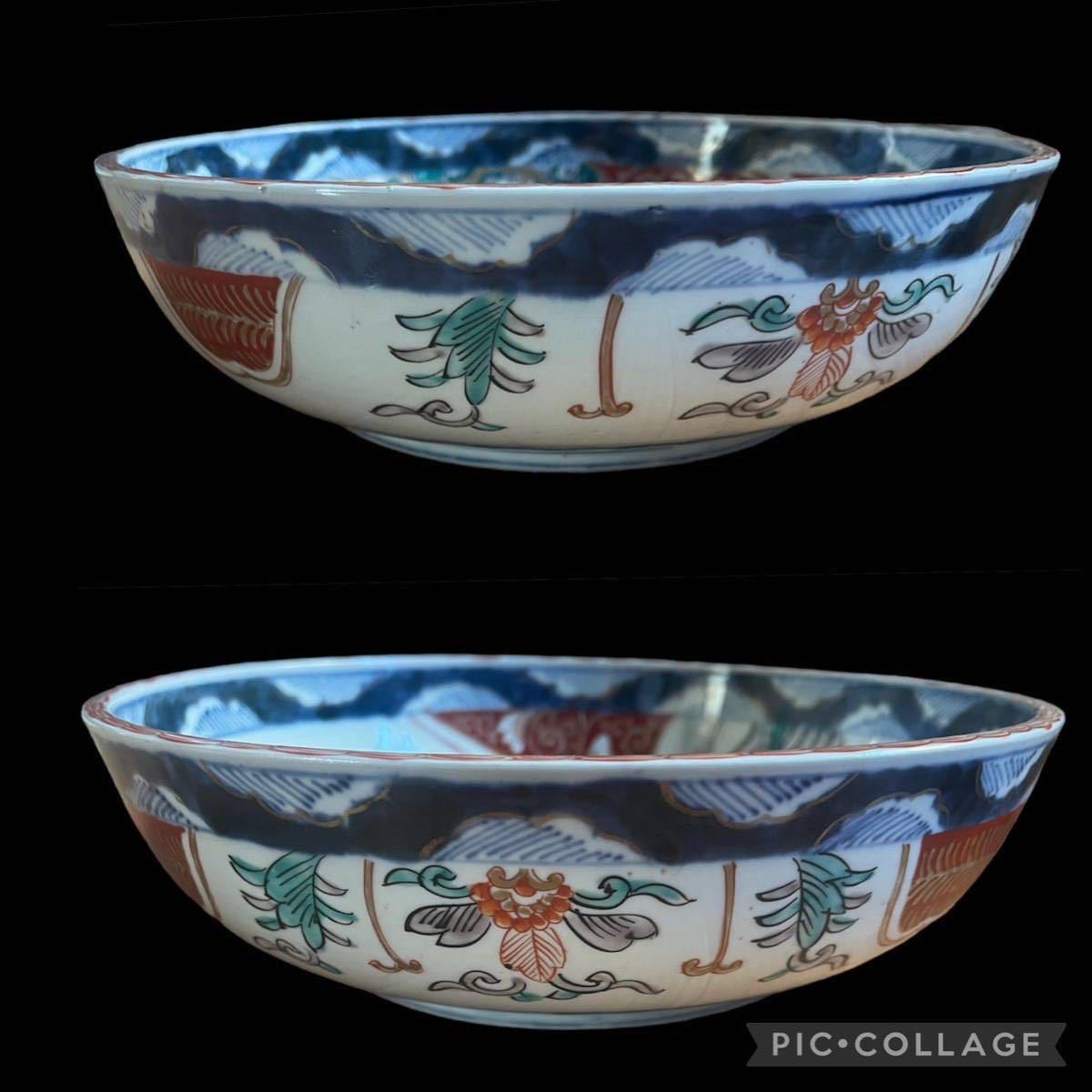 古伊万里 幕末から明治期 錦手 鶴に富士 直径25cm 色絵 鉢