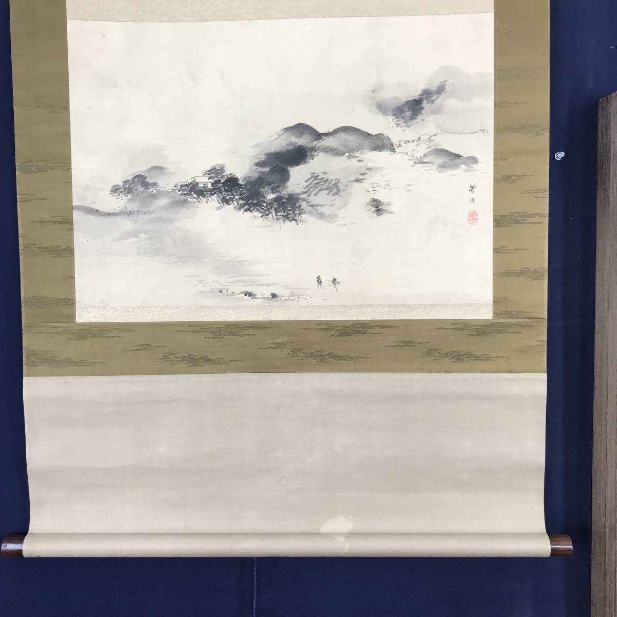 模写/岡本豊彦/雨中舟頭図/桐極箱付/布袋屋掛軸HE-683 模写/岡本豊彦