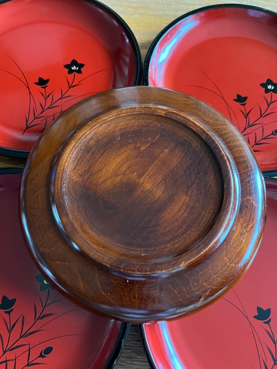 昭和レトロ アンティーク 漆塗り 漆器 銘々皿 菓子皿 小皿 桔梗 絵付け