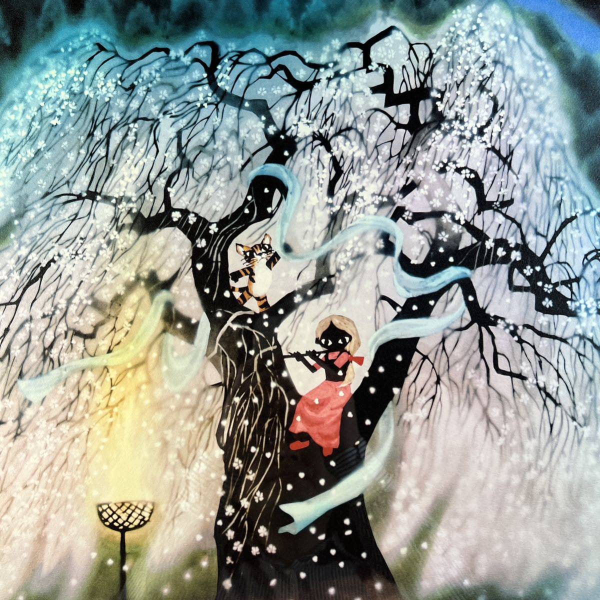 藤城清治 「古都の桜と笛吹く少女 」レフグラフ 直筆サイン入り。