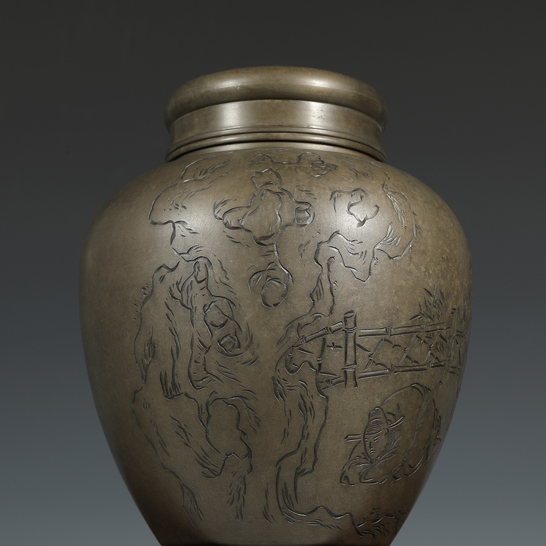 董芸】時代煎茶道具 古錫 四方 角茶入 茶心壺 『三』印 旧家