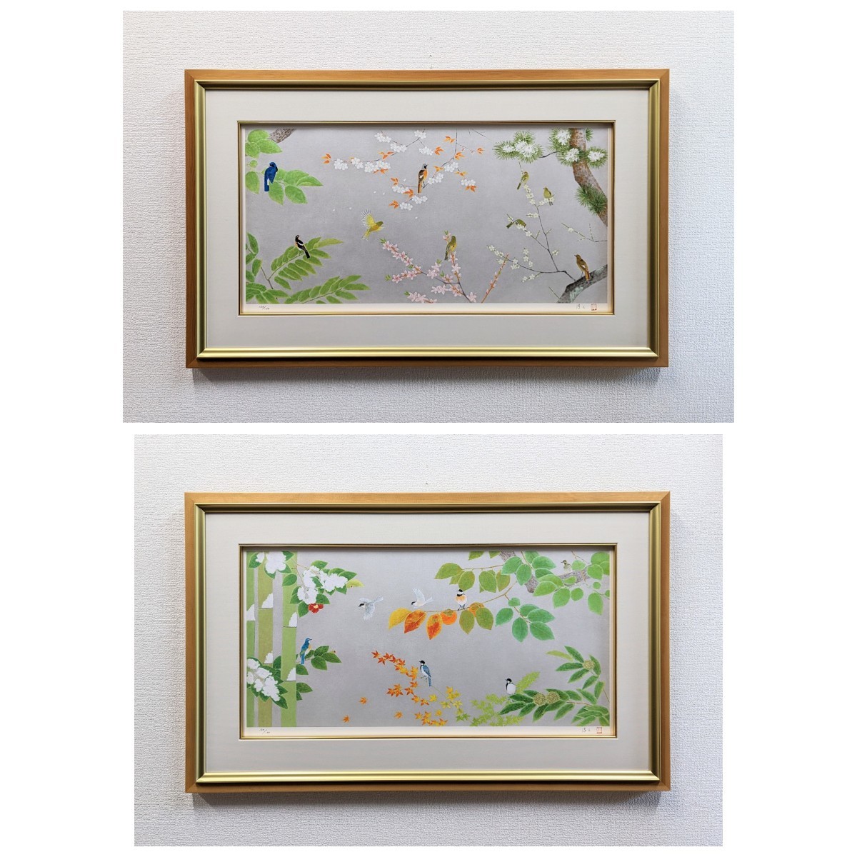 2点セット】【額付】上村淳之「四季花鳥図（春夏）（秋冬）」【作家
