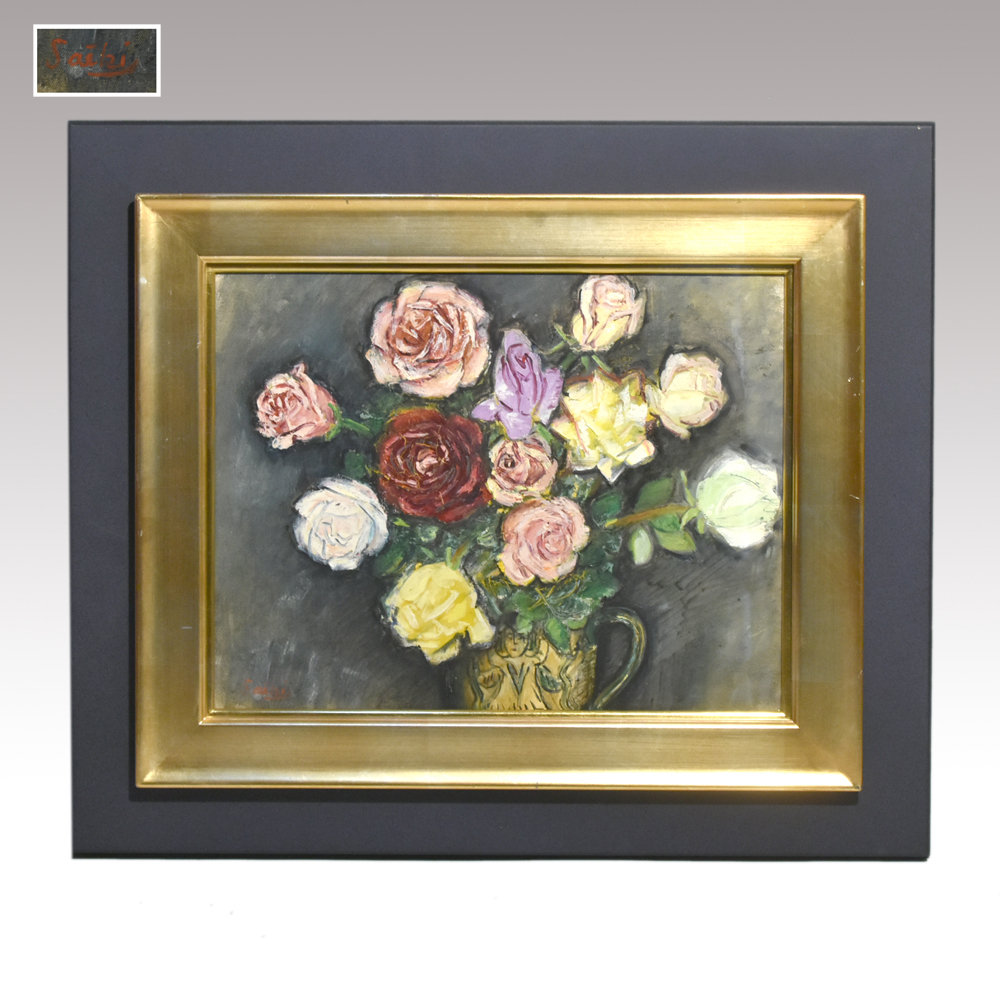 時代物 肉筆油彩画 薔薇 vintage 直筆サインあり 時代物 肉筆油彩画