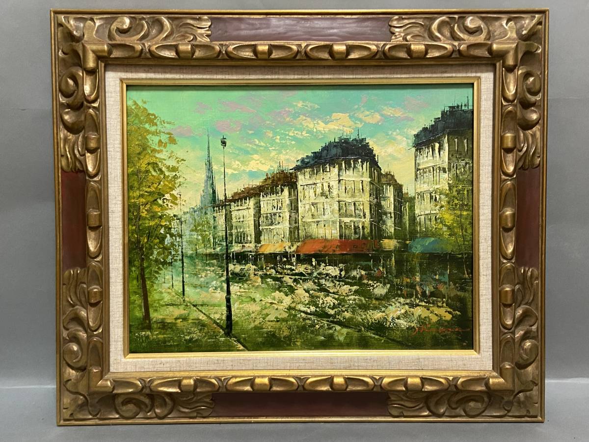 真作】絵画 油彩6号 街のにぎわい 都市風景 印象派風 都会の情景 W137