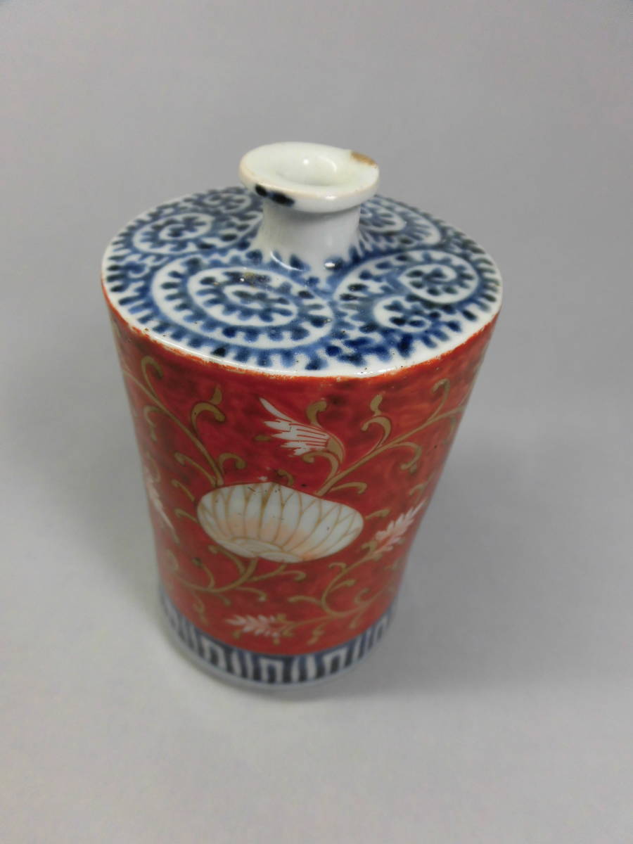 粋） 古伊万里 金彩 赤絵花唐草 蝋燭徳利 桂又三郎極め 江戸中期 古丹波