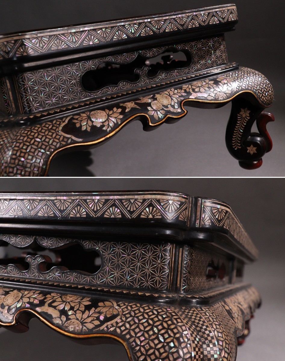 金燕AN18 時代物 木製漆 平卓 漆絵巻 螺鈿 花台 香炉台 盆栽台 高 金燕