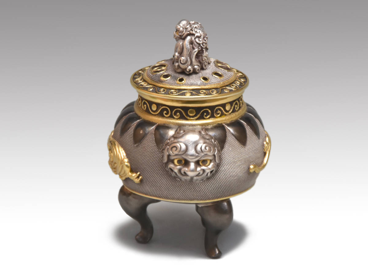 専用 高岡銅器 八代住 釘谷洞石作銀製獅子龍香炉約260g