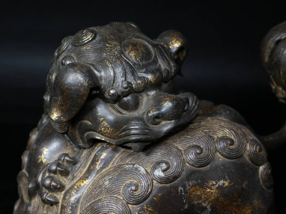 ◇古銅・鍍金・絡み獅子・香炉・置物・狛犬・幅30㌢◇aa859 C99