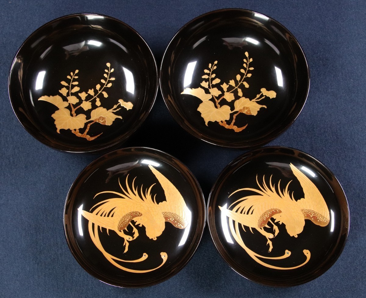 CF79 輪島塗 桐鳳凰金蒔絵 黒塗煮物椀 二客 木製漆器 梨地切金螺鈿細密