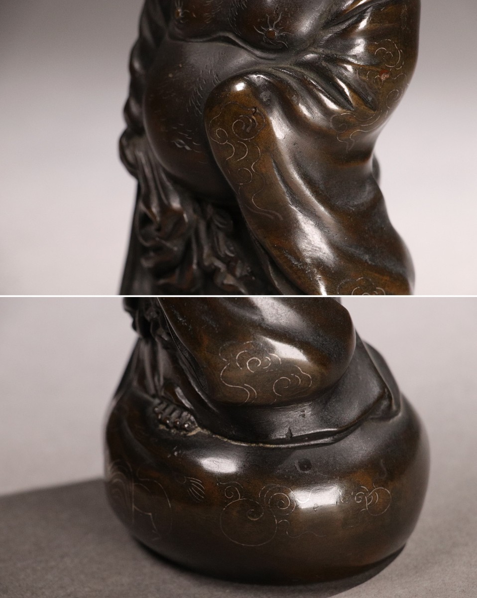M415 明治金工 古銅 銀象嵌布袋像 高18.4cm / 銅製七福神置物仏像