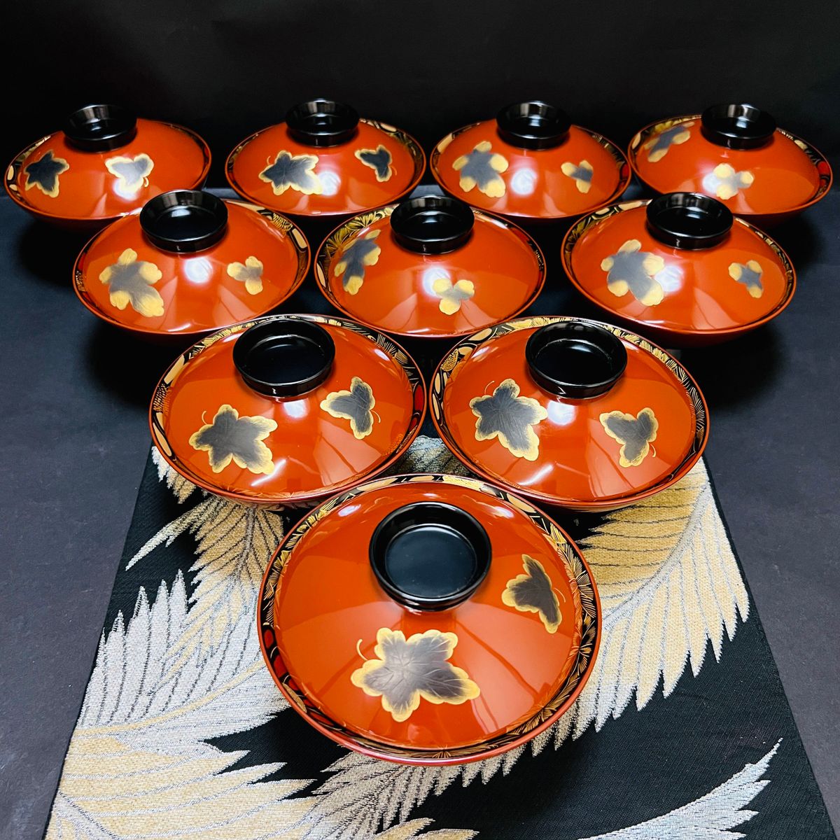 漆器輪島塗 蒔絵金彩細工鶴文 木製 蓋付椀 お煮物椀 吸物椀 10客 骨董