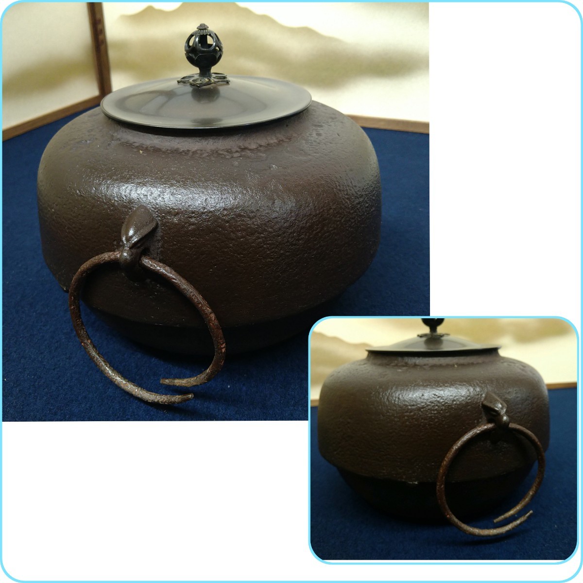 a855 釜師畠春斎唐銅 朝鮮風炉 風炉釜 鬼面風炉 透かし釜鐶付