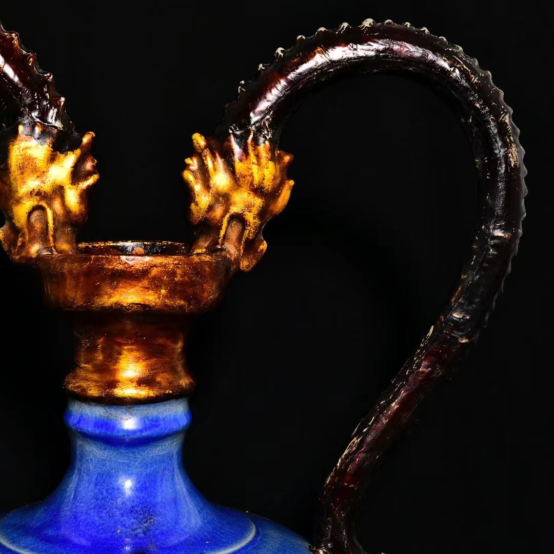 中国古美術中国古陶磁器古玩鈞窯汝窯青天釉双魚耳大瓶花入オブジェ