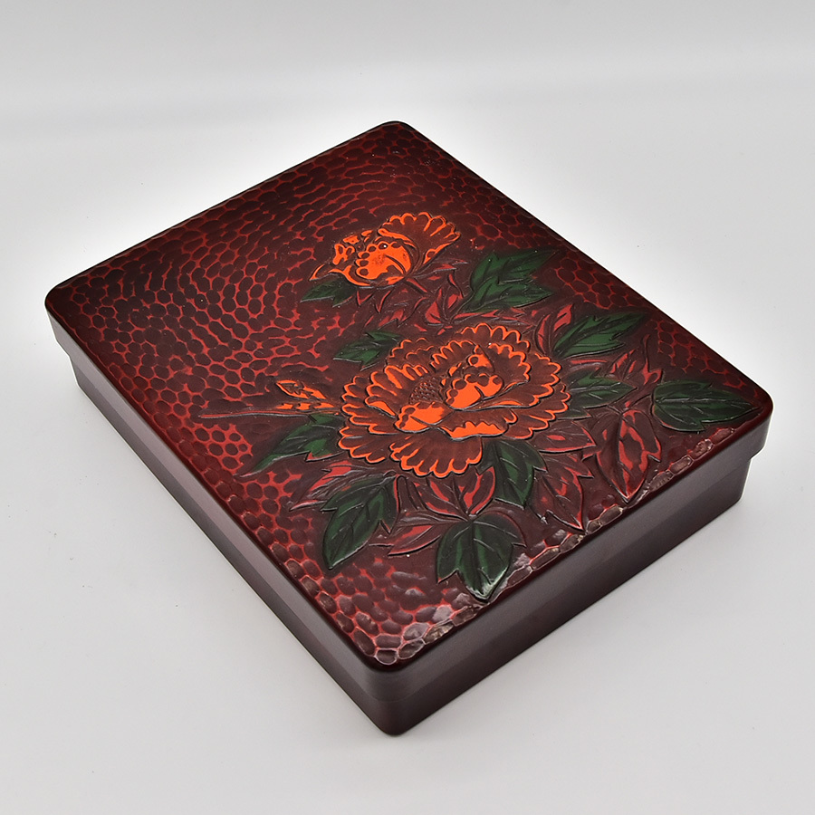 鎌倉彫 硯箱 書道具一式 木地朱黒塗 堆朱彫刻 硯箱書道具 彩色花文 漆