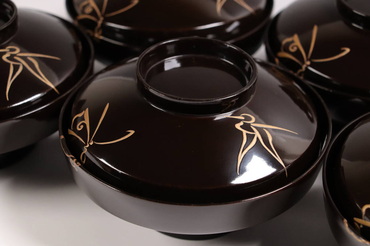 111】明治時代 輪島塗 時代箱 木製保証 水草図蒔絵吸い物椀10客（買取・