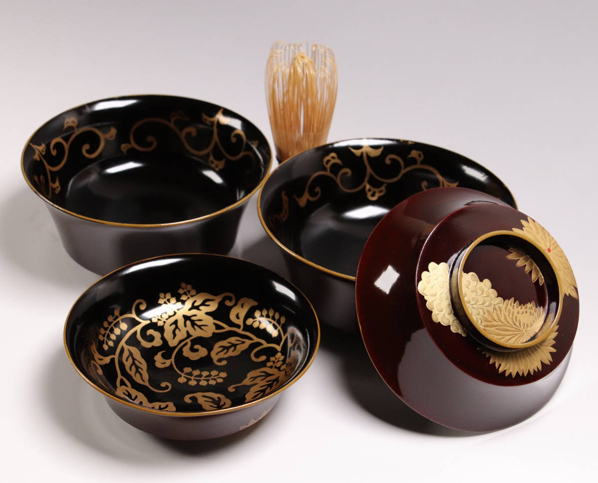 時代黒漆に優美な金銀若松蒔絵のお椀2点（検輪島塗漆器漆懐石椀蒔絵椀