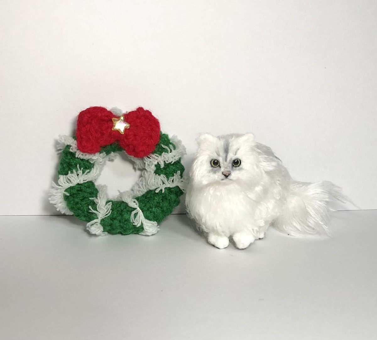 羊毛フェルト猫 クリスマスリース チンチラシルバー 【公式通販】