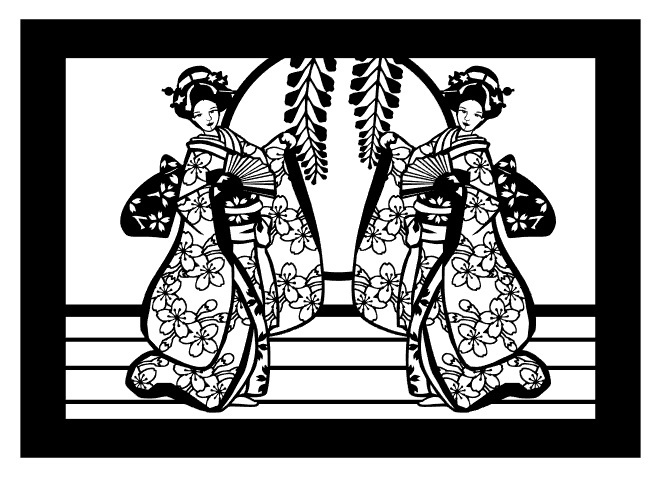 切り絵「舞子さん二人」 切り絵 舞妓さん二人後姿 切り絵 切り絵屋きり