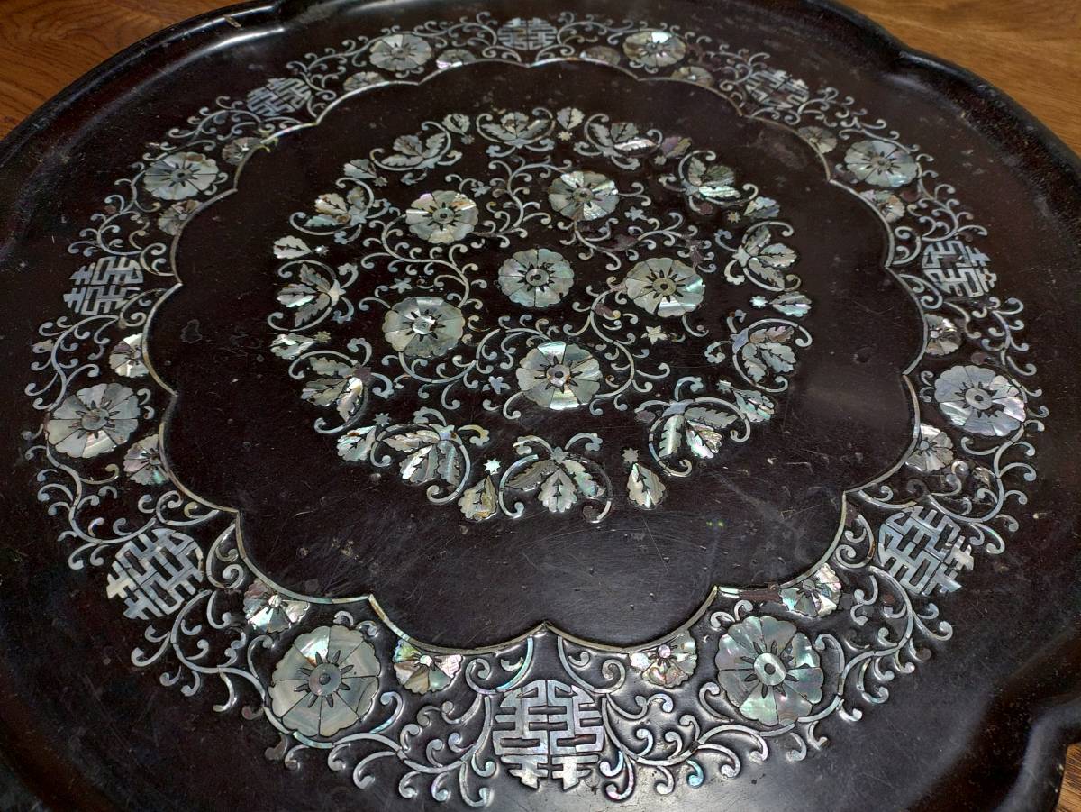 □韓国 工芸品 螺鈿細工 在印 丸座卓 ローテーブル 木製 漆芸