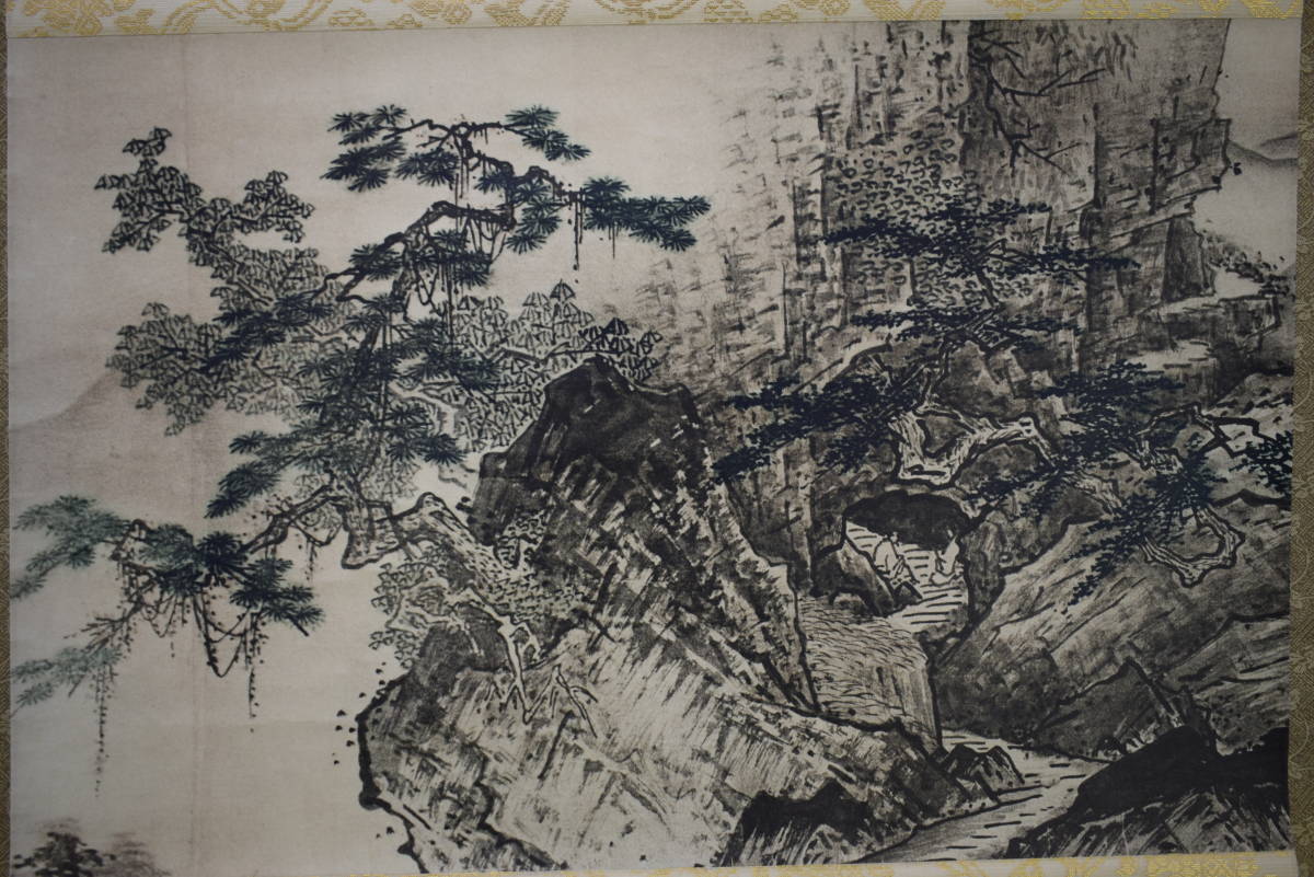 真作/山田介堂/塔山水図/絹表装/桐共箱二重箱付/布袋屋掛軸HH-350 真作