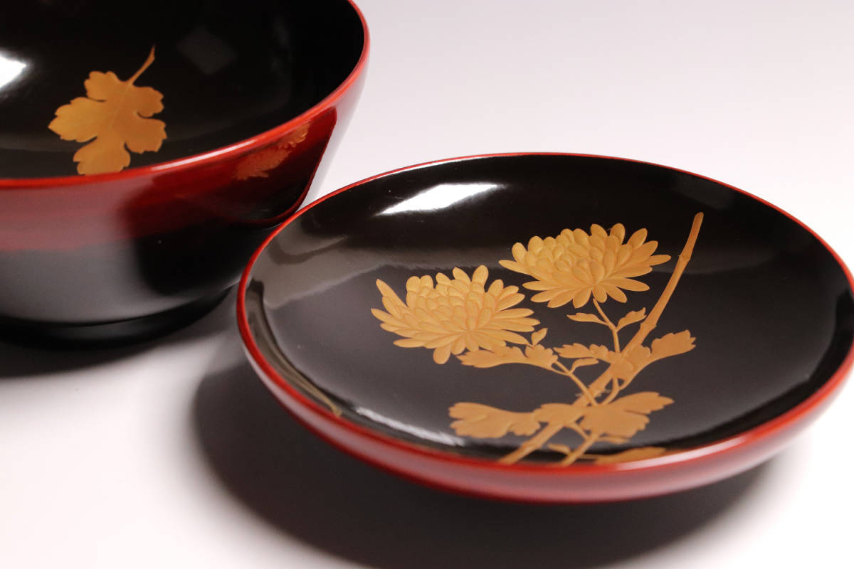 専用品です CG65 時代輪島塗 菊に蝶本金蒔絵 闇蒔絵 黒塗椀 四客 縁