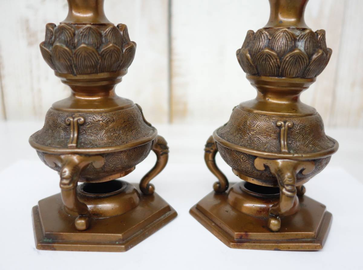 時代 伝統工芸 工芸美術 ＊古銅 銅製 古い燭台 大型燭台 蝋燭立 一雙