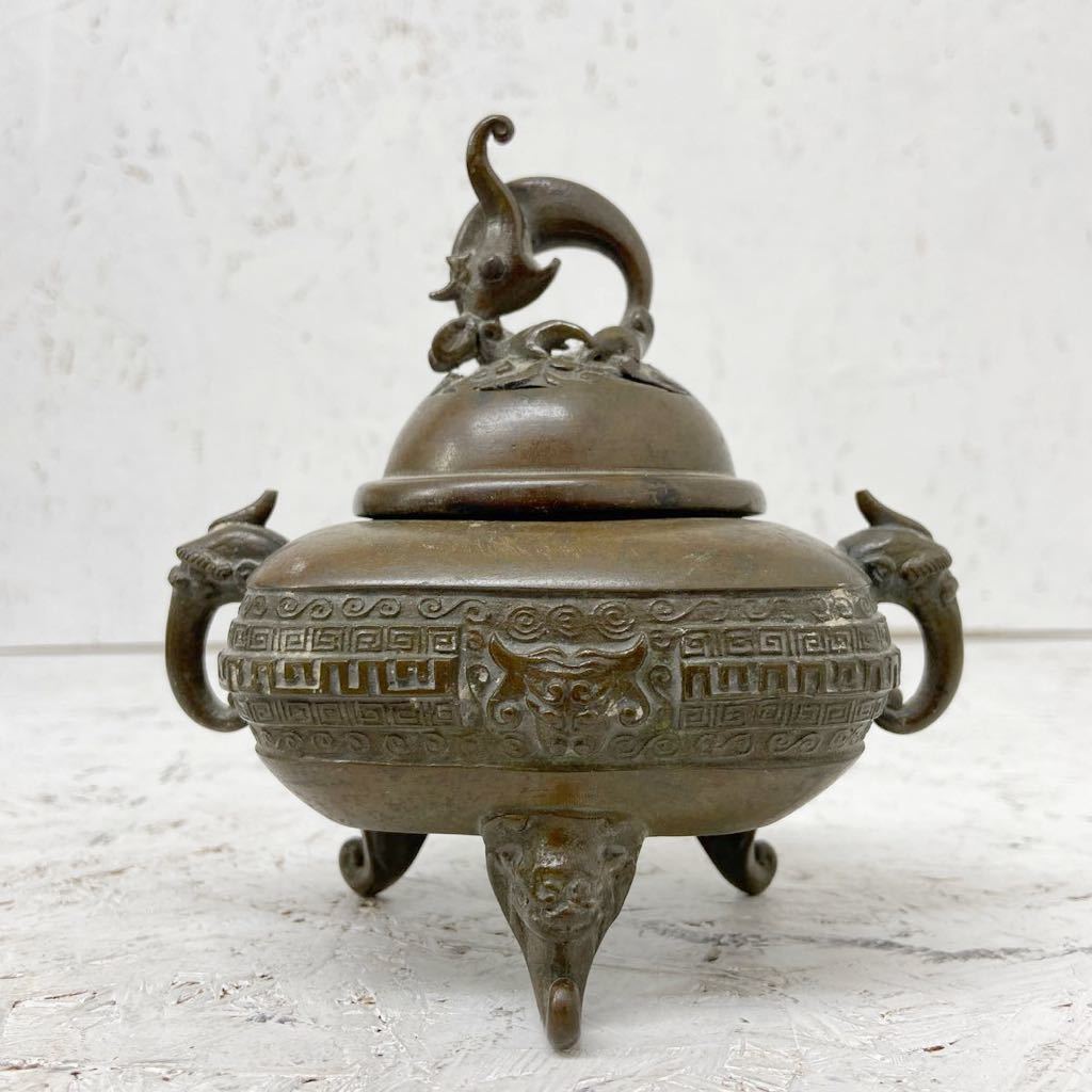 唐銅携行香炉 獅子蓋双耳三つ足 明～清古玩 唐銅 【