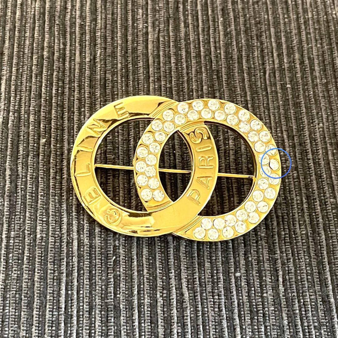 良品】CELINE セリーヌ ブローチ ロゴモチーフ ラインストーン