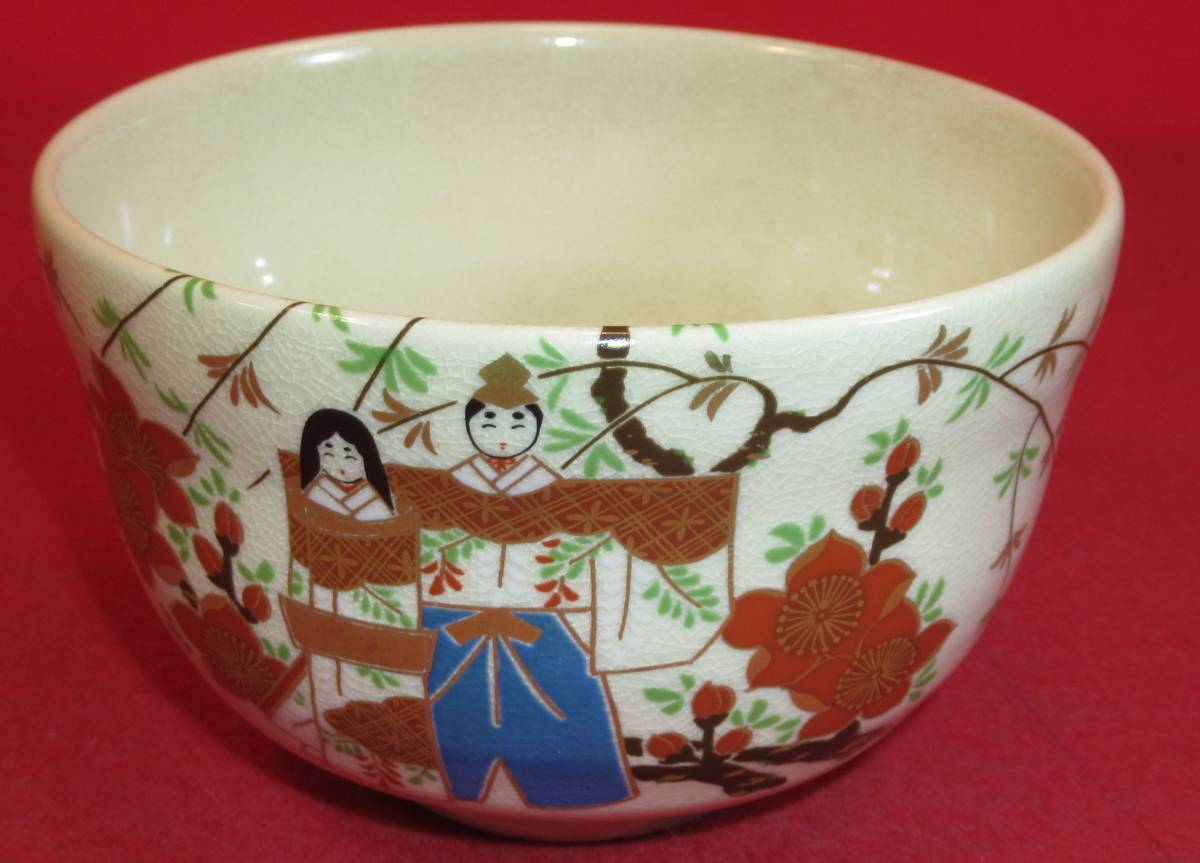 茶道具『京焼・清水焼 色絵桃花雛文茶碗 在銘「英香」宮地英香