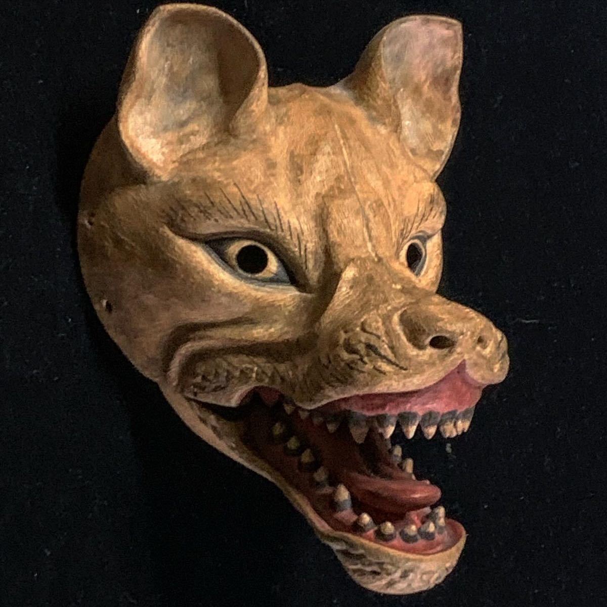 金色の木製能面 牙付き 能面 狂言面 狐 狐面 神楽面 舞楽面