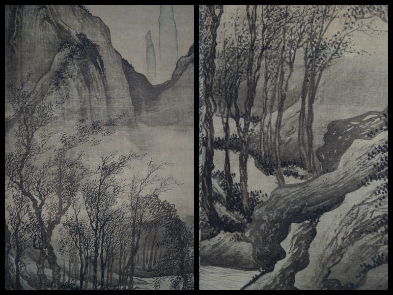 複製】明 唐寅『歩渓図』絹本掛軸 茶室掛 共箱 故宮博物院監製 山水図