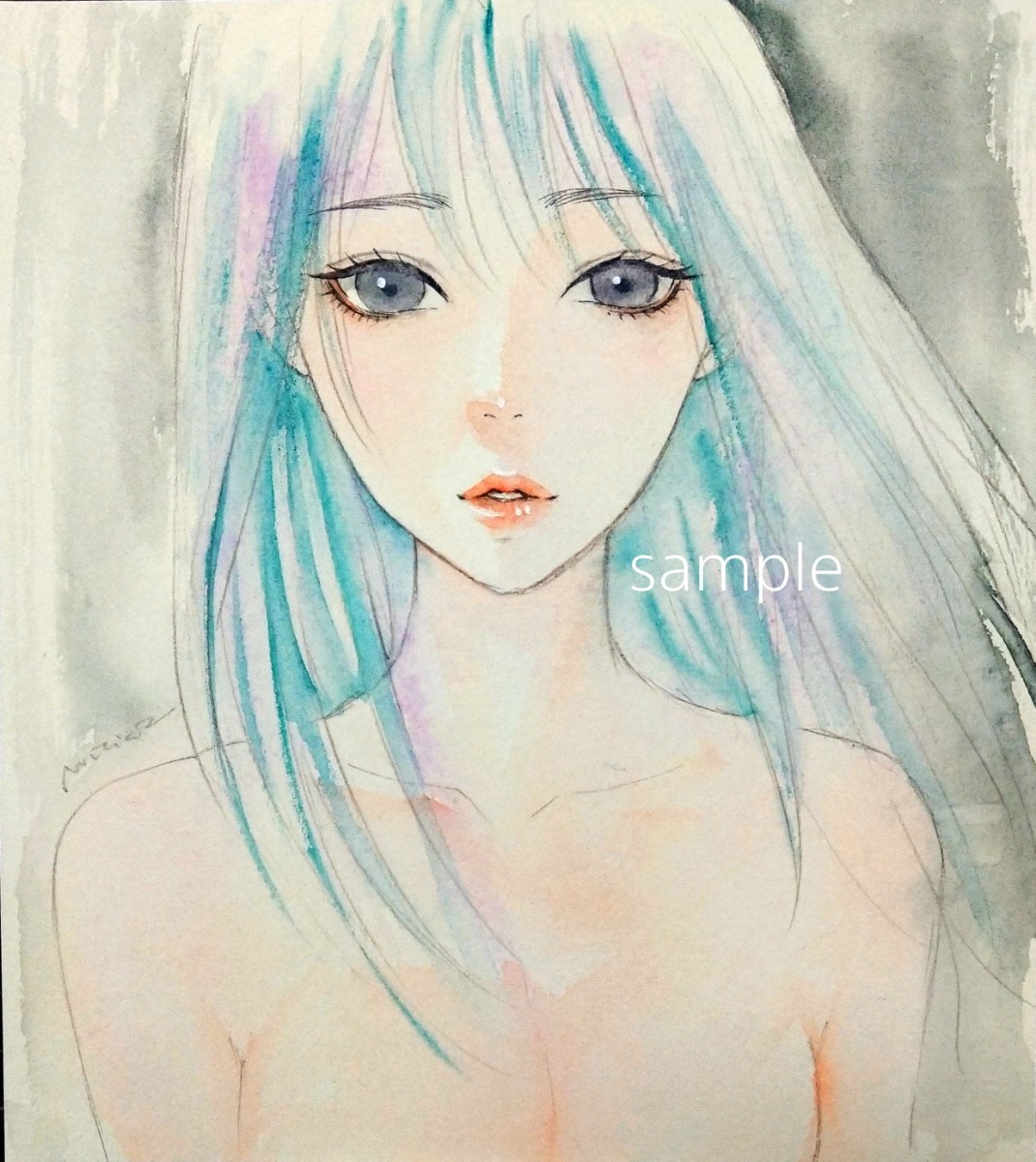 2386/B 肉筆原画美人とモンステラ水彩絵具手描きイラスト裸婦画