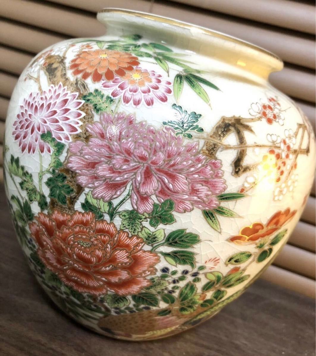 加賀 九谷焼 壺/花瓶】花柄 鳥紋 染付 花器/孔雀 菊 牡丹紋様 H15×W16