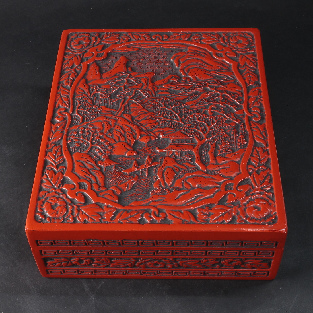 ◇◇仙台堆朱 楼閣山水図彫 文箱 硯箱 漆器 書道◇◇