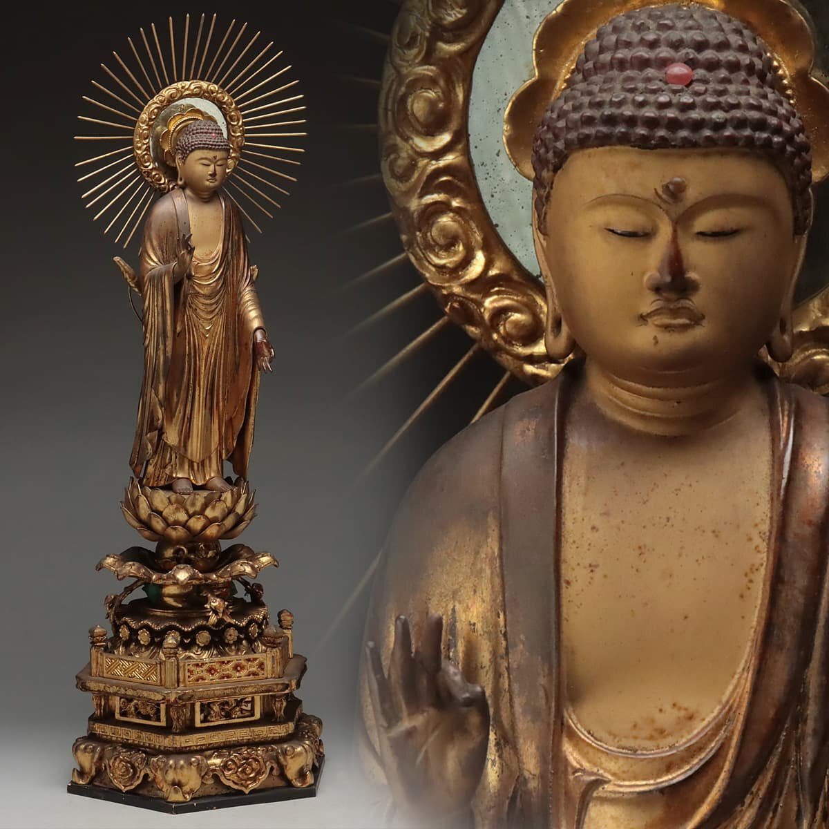 時代 古仏像!!『木造 阿弥陀如来立像』総高48㎝ 像高40.5㎝ 木造