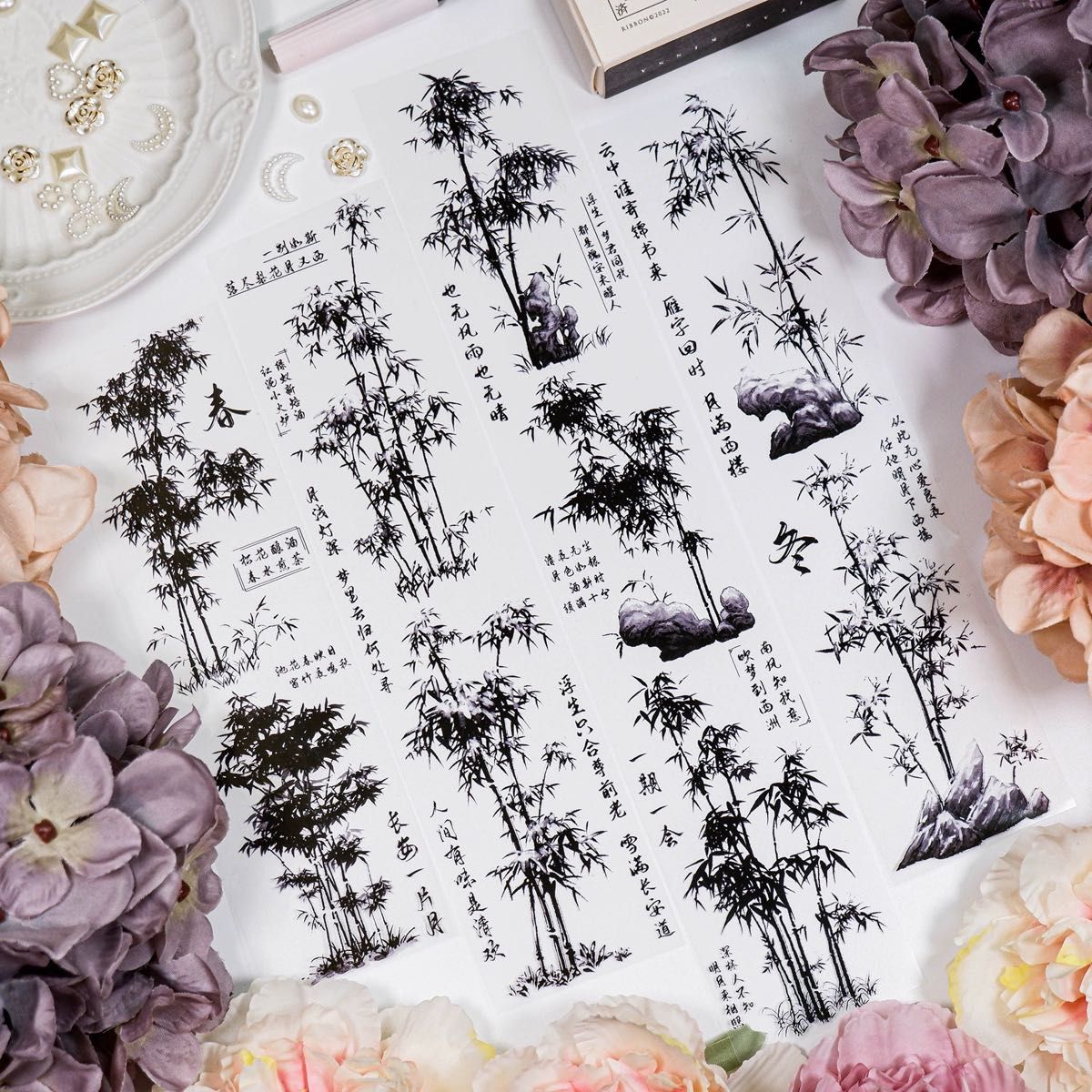 9241】海外 マステ 中古巻 貝殻光マスキングテープ 月 お花 青い装飾系