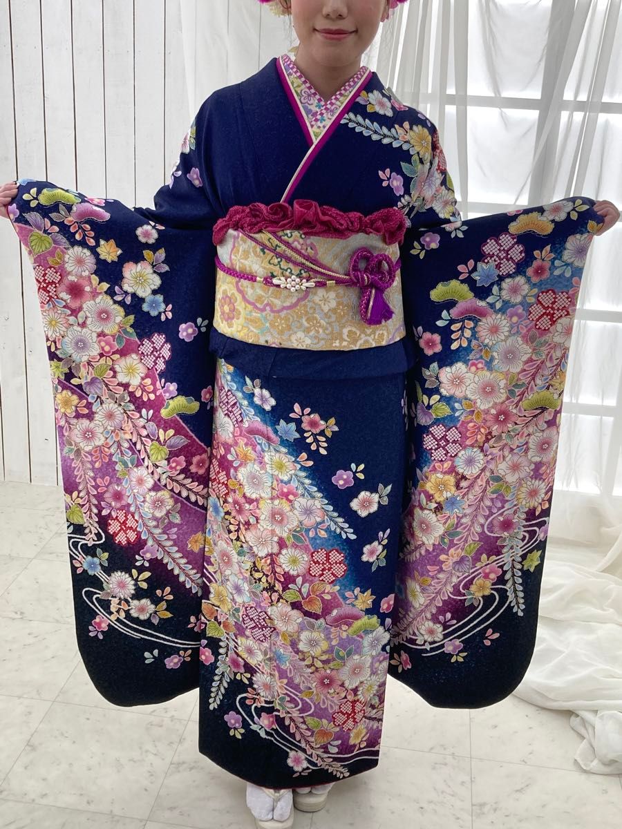 振袖フルセット 辻が花柄 ネイビー 銀通し 京都きもの友禅｜Yahoo