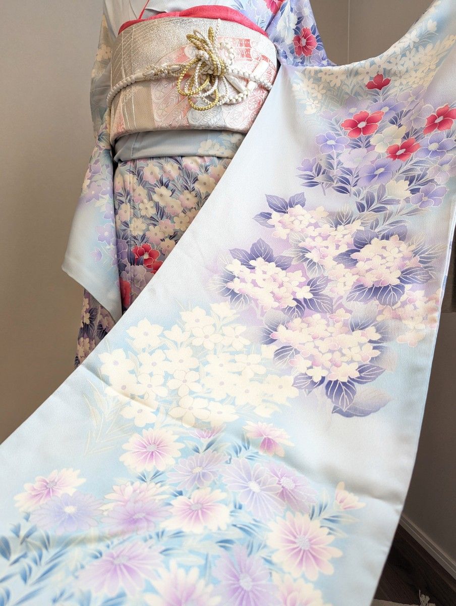 振袖フルセット 身丈162裄65 5 銀彩 椿 牡丹 紫陽花 淡い水色 薄紫