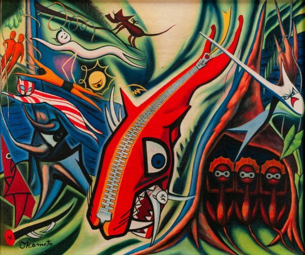 F6号) 岡本太郎【夜明け】肉筆/裏シール有り/表裏サイン有り/手描き F6