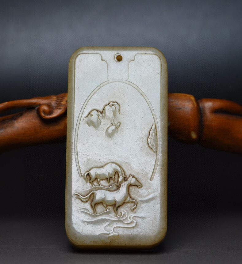 清・和田玉細密彫・雙馬牌』極細工 置物古賞物 中国古玩