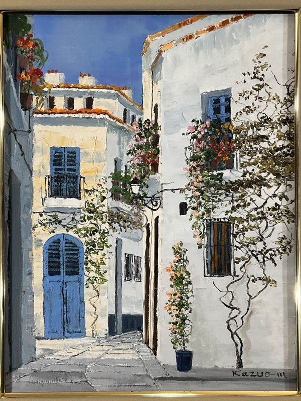 五】真作 森下一夫 『カフェ・フーケ』 油彩 キャンバス 4号 額装