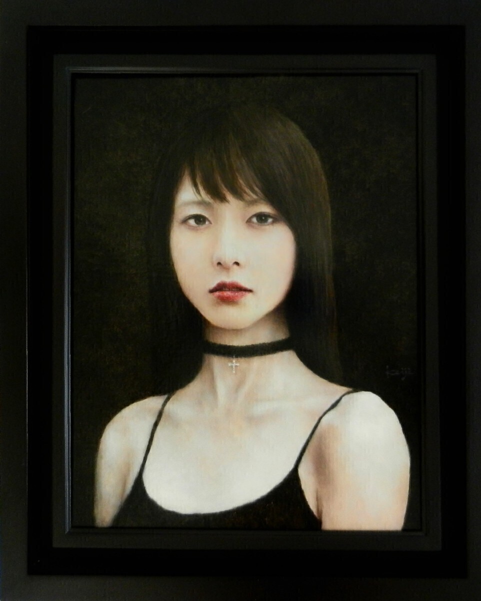 真作］F10号油彩画美人画美少女画リアリズム天使額付き