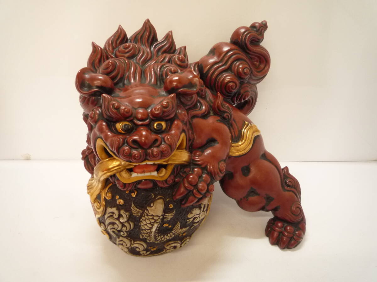 九谷焼 玉乗り獅子 獅子像 赤獅子 縁起物 色絵 置物 魔除け 九谷焼