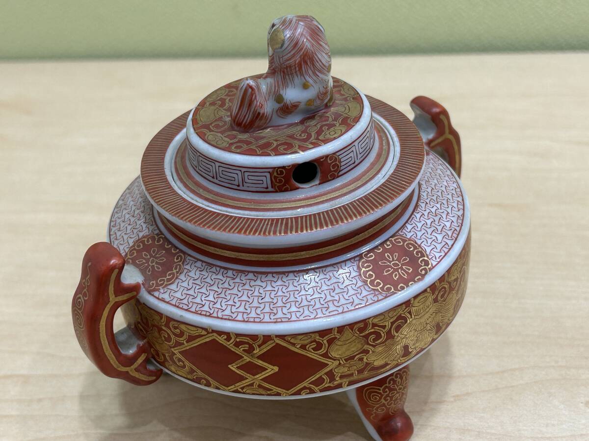 茶道具 九谷焼 香炉 角福 香道具 色絵 獅子 赤絵 三足 九谷焼 角福 獅子