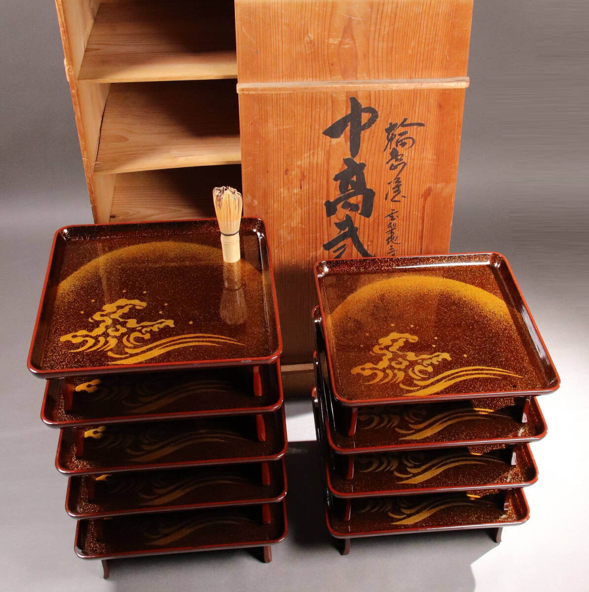 CL76 能登輪島塗 蔦金蒔絵 欅地 木地呂塗 足付四方膳 五客 木製漆器