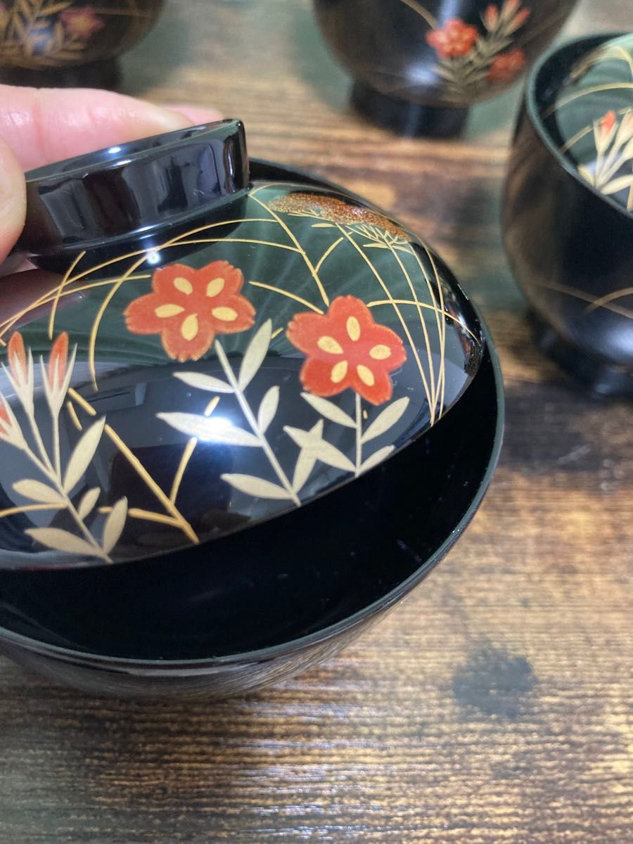 時代木製漆器 花蝶 金蒔絵 黒塗椀 五客 野菊 MA33 / (検)輪島