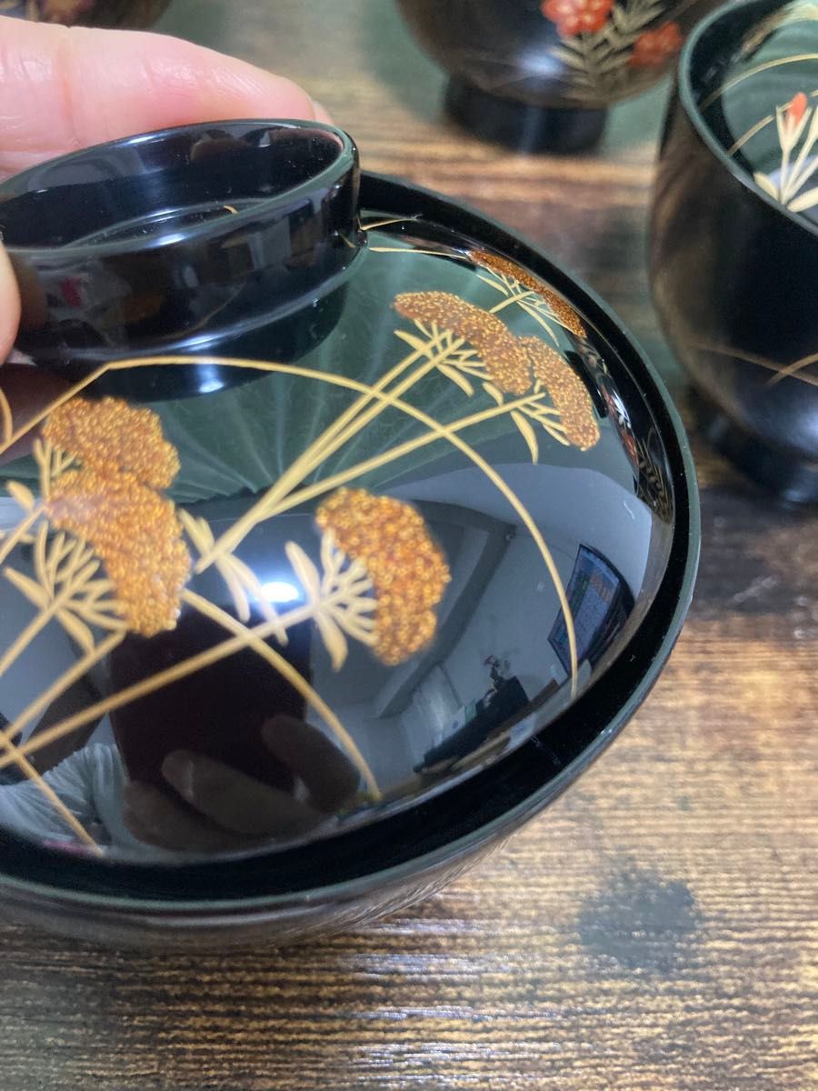 輪島塗椀 草花金蒔絵 黒塗御吸物椀 五客 木製漆器 漆芸懐石会席｜Yahoo