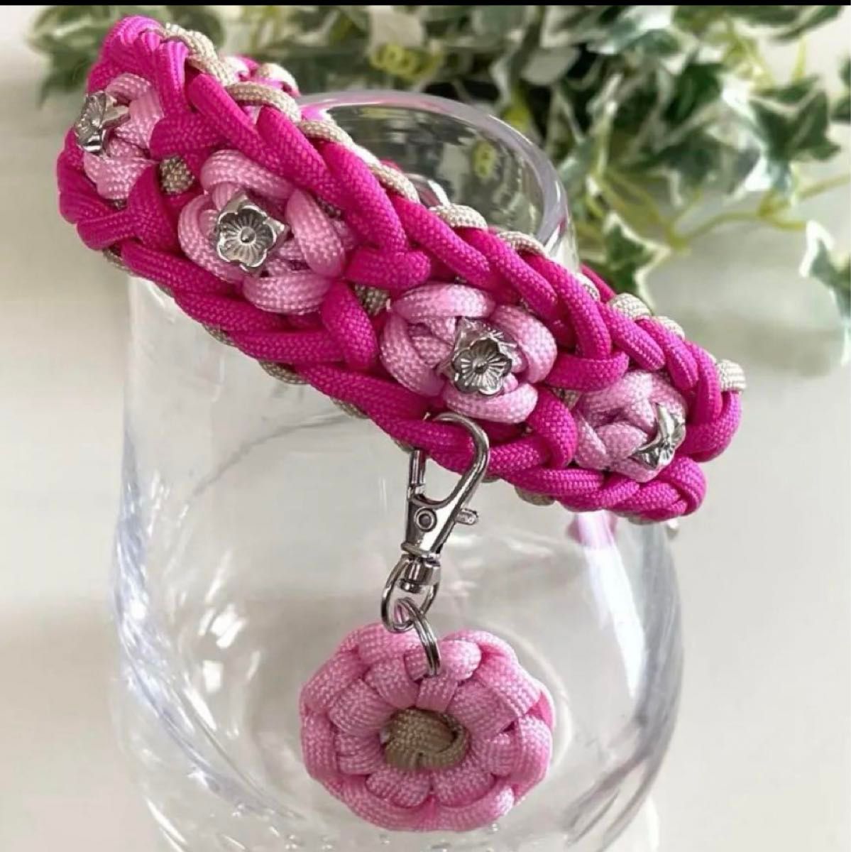 パラコード首輪 ハーフチョーク お花いっぱい ピンク No.0143 パラ